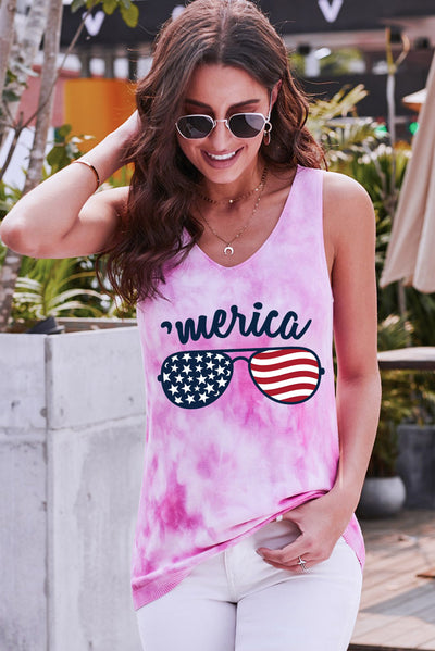 US Flag Sunglasses Graphic Tie-Dye Tank