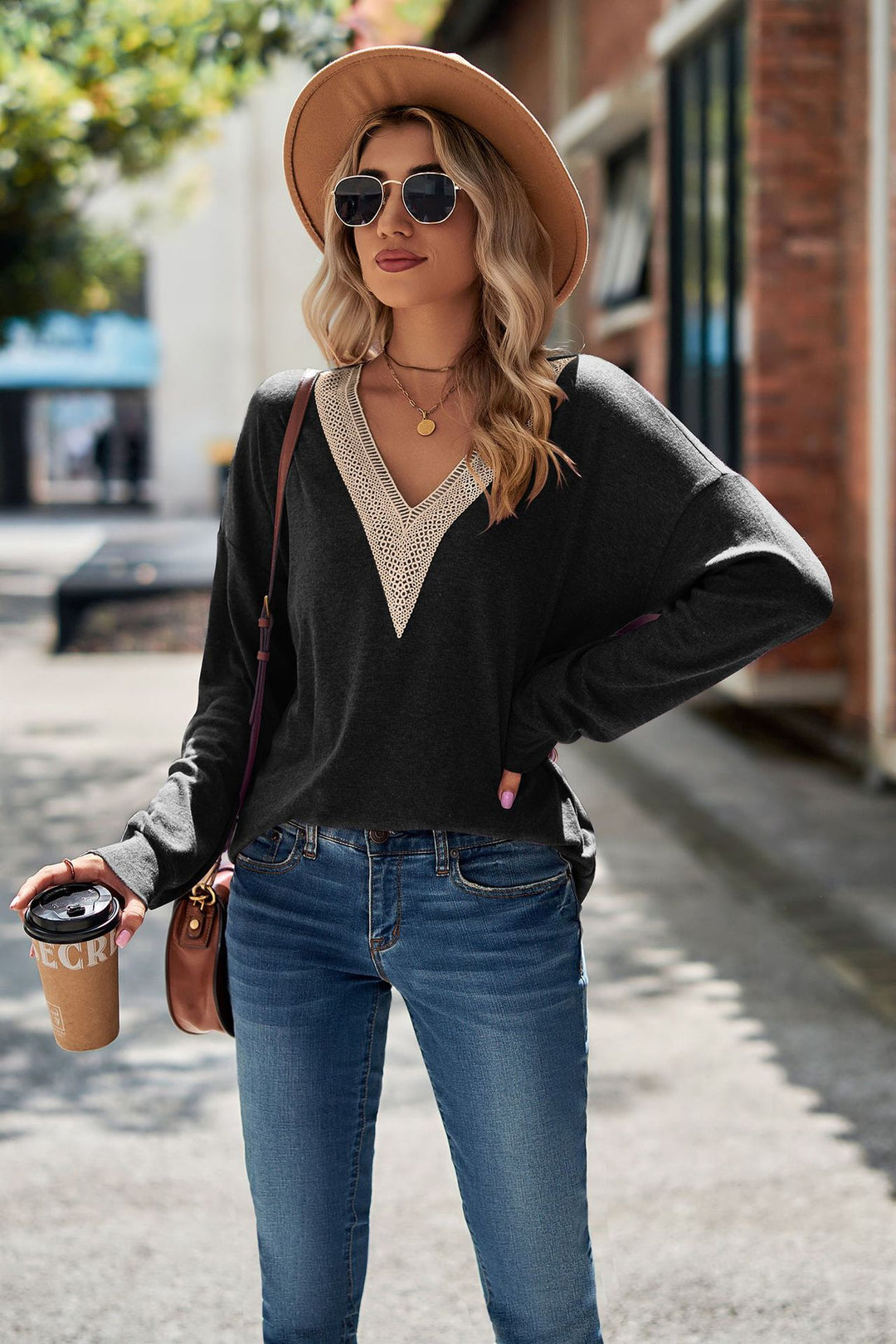 Contrast Trim V-Neck Dropped Shoulder Top