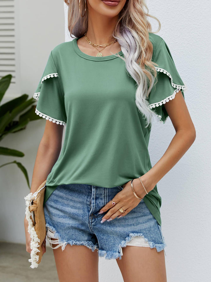 Pom-Pom Trim Flutter Sleeve Round Neck Tee - BELLATRENDZ