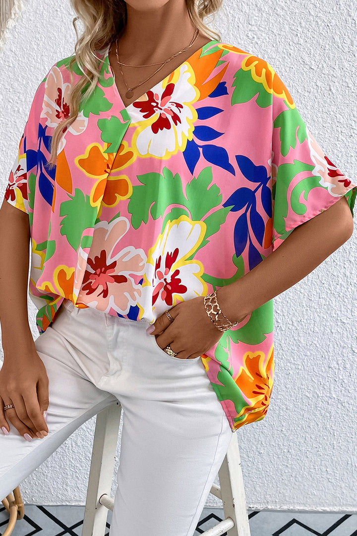 Floral Print V-Neck Short Raglan Sleeve Blouse