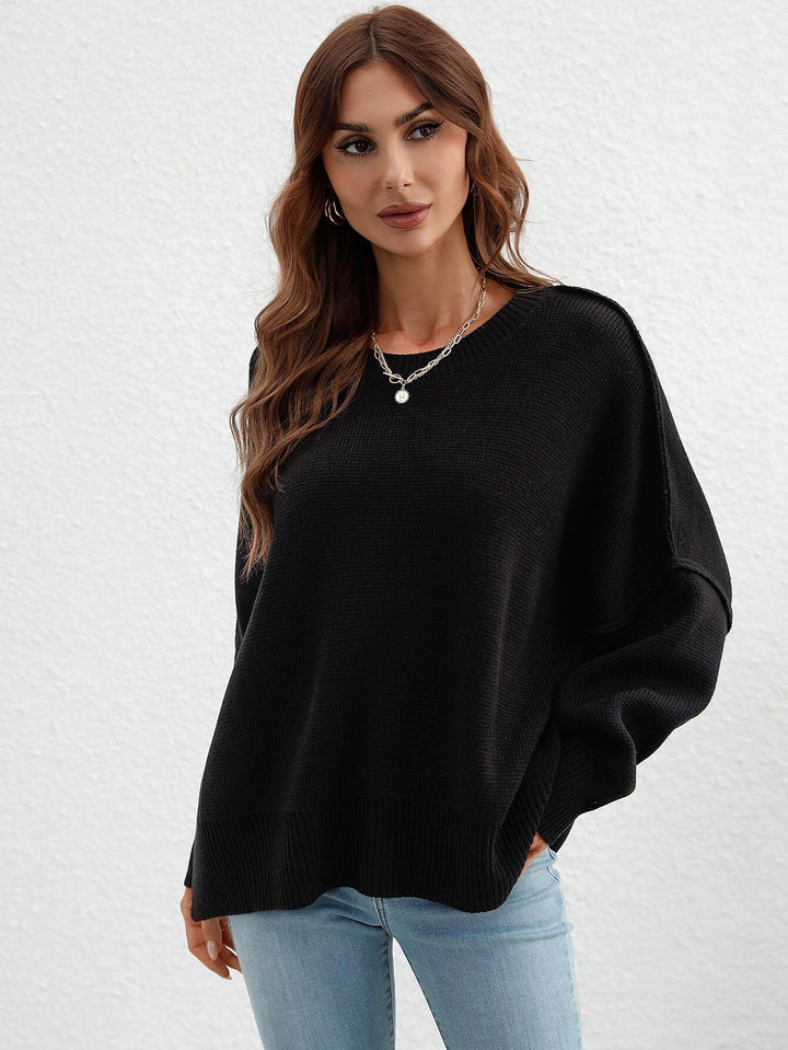 Exposed Seam Dropped Shoulder Slit Sweater - BELLATRENDZ