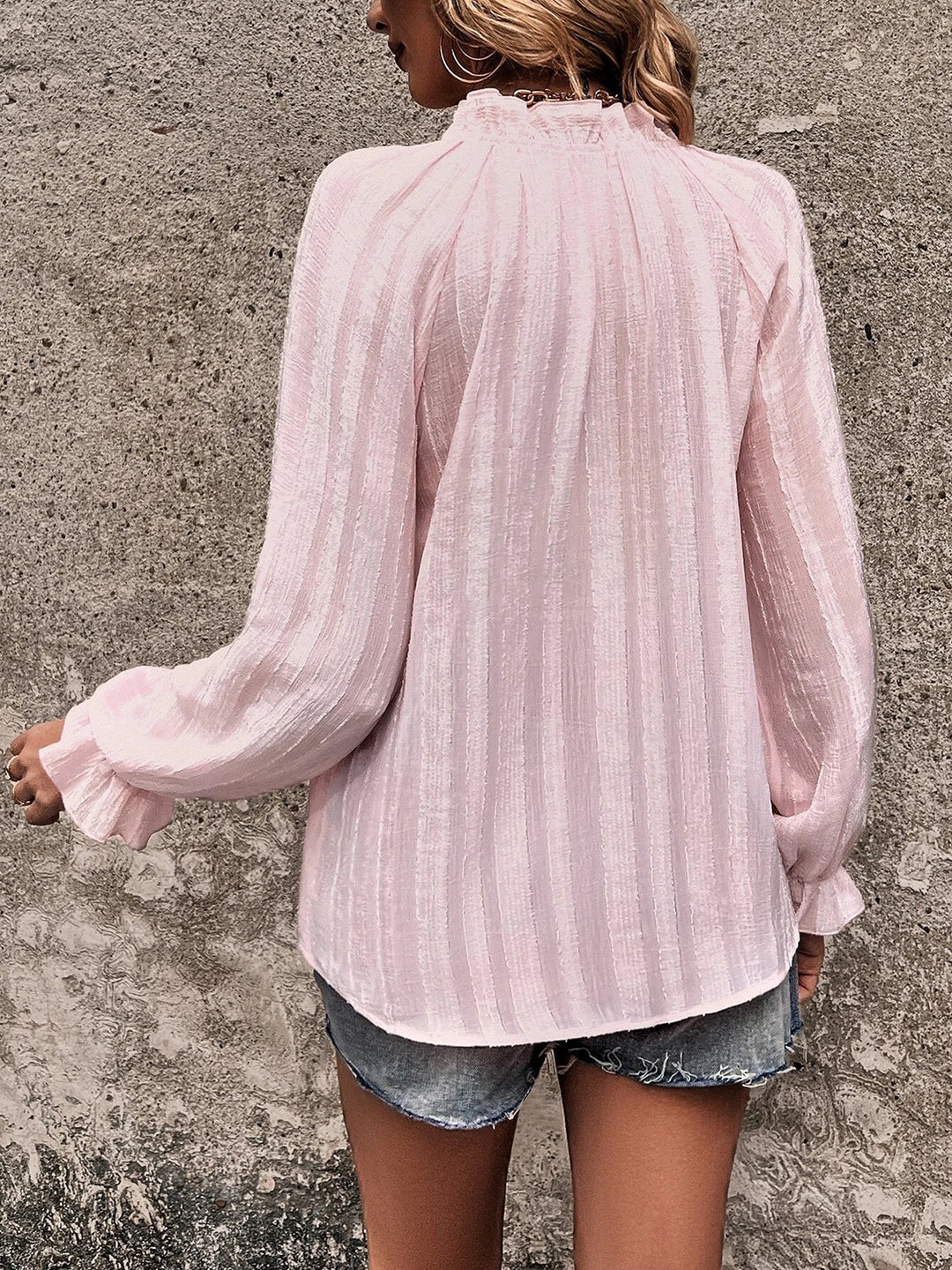 Notched Neck Flounce Sleeve Shirt