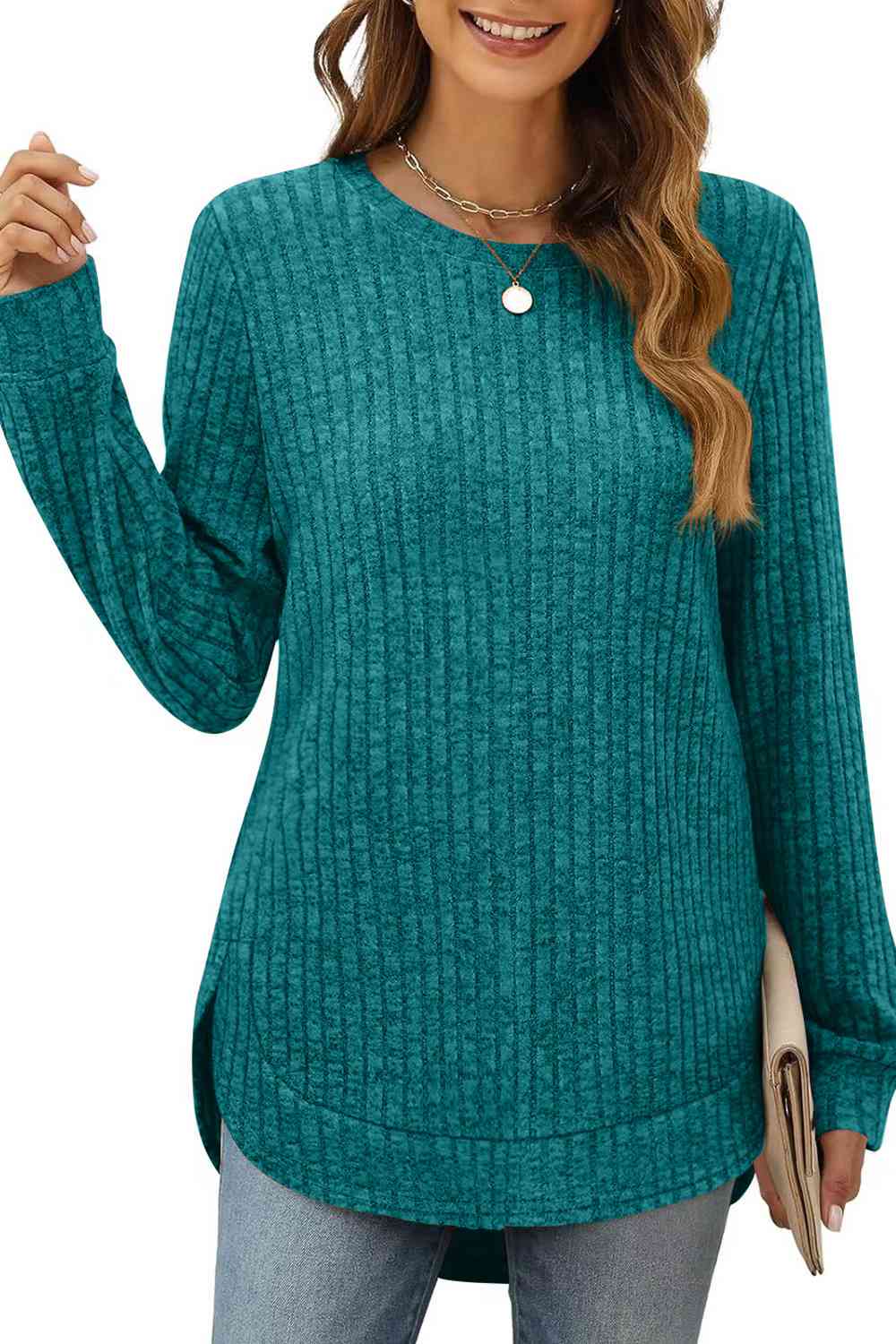 Ribbed Round Neck Long Sleeve T-Shirt