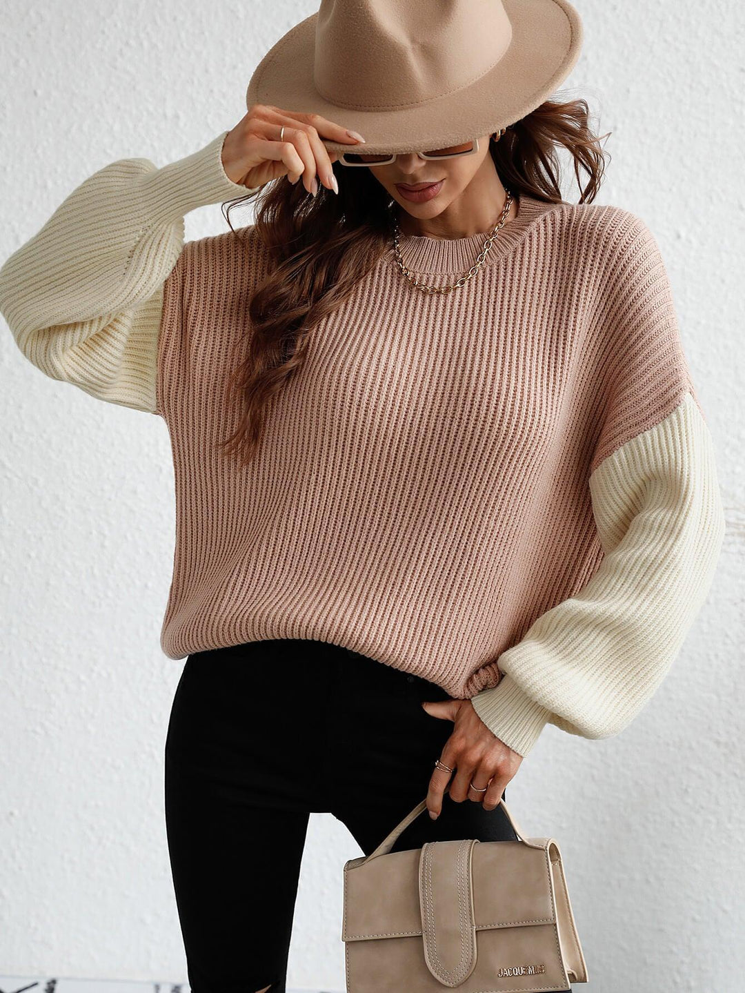 Two-Tone Rib-Knit Dropped Shoulder Sweater - BELLATRENDZ