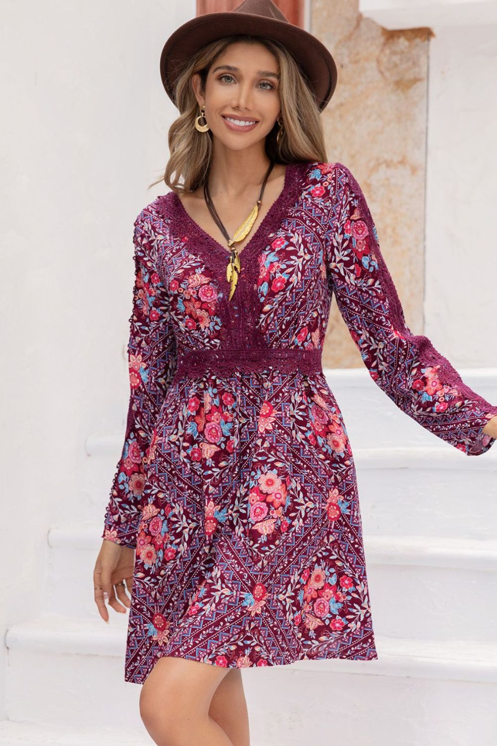 V-Neck Long Sleeve Printed Mini Dress