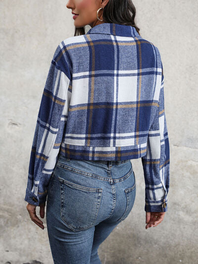 Plaid Button Up Drop Shoulder Cropped Jacket