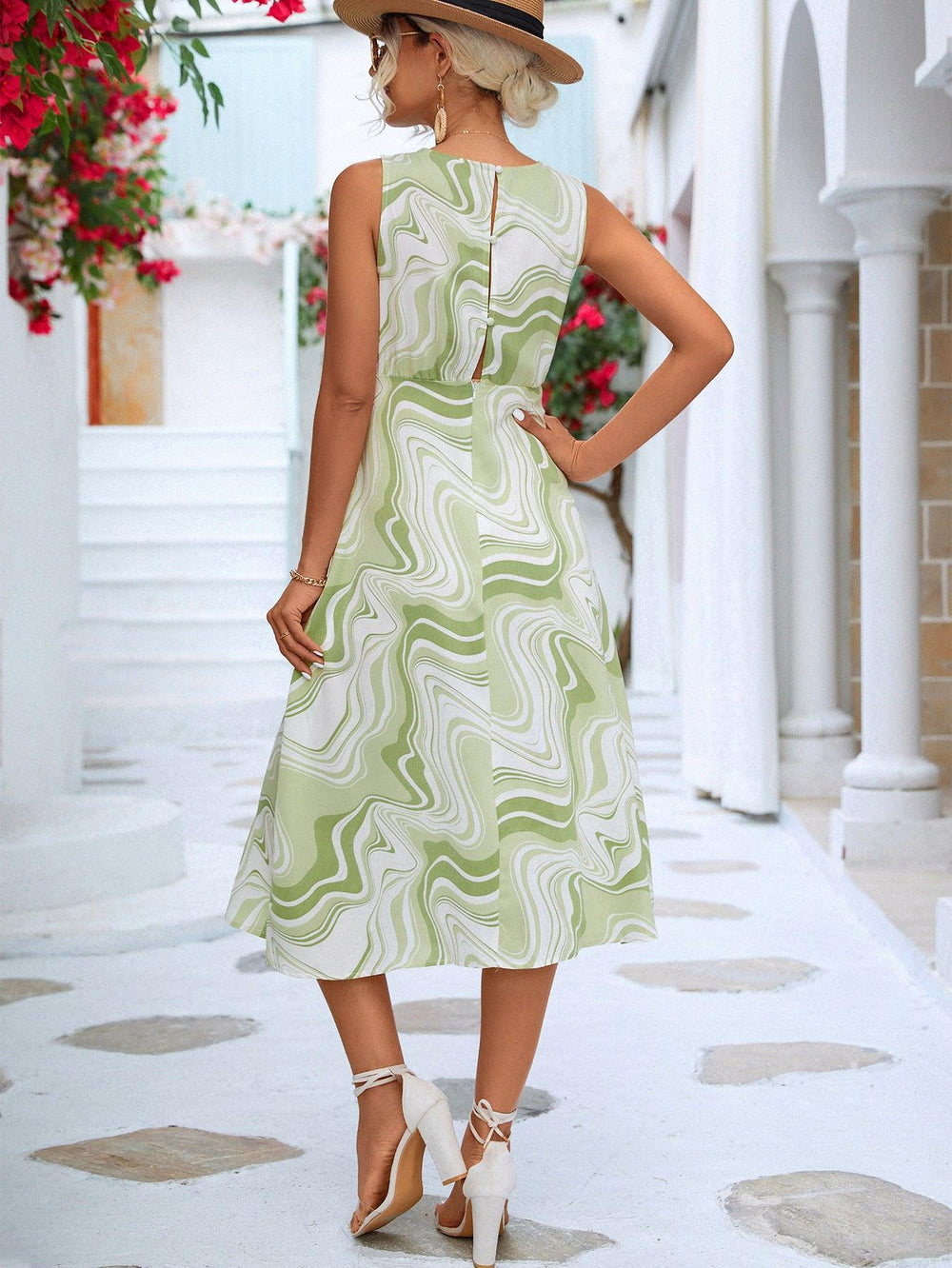 Printed Cowl Neck Sleeveless Dress - BELLATRENDZ