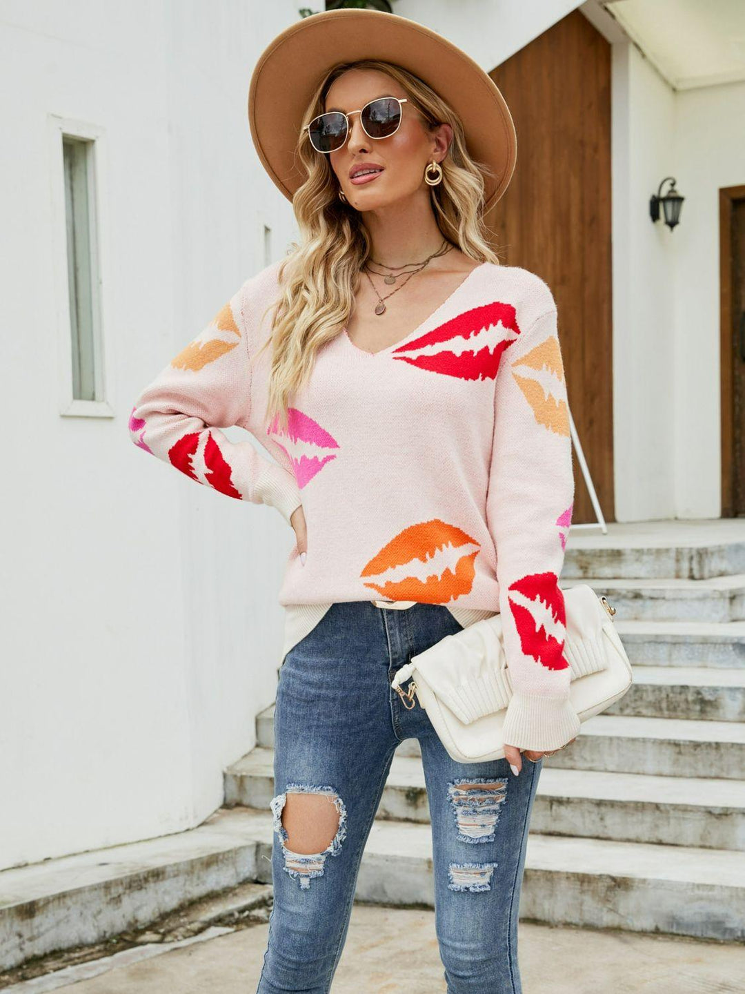 Lip Print V-Neck Knit Top - BELLATRENDZ