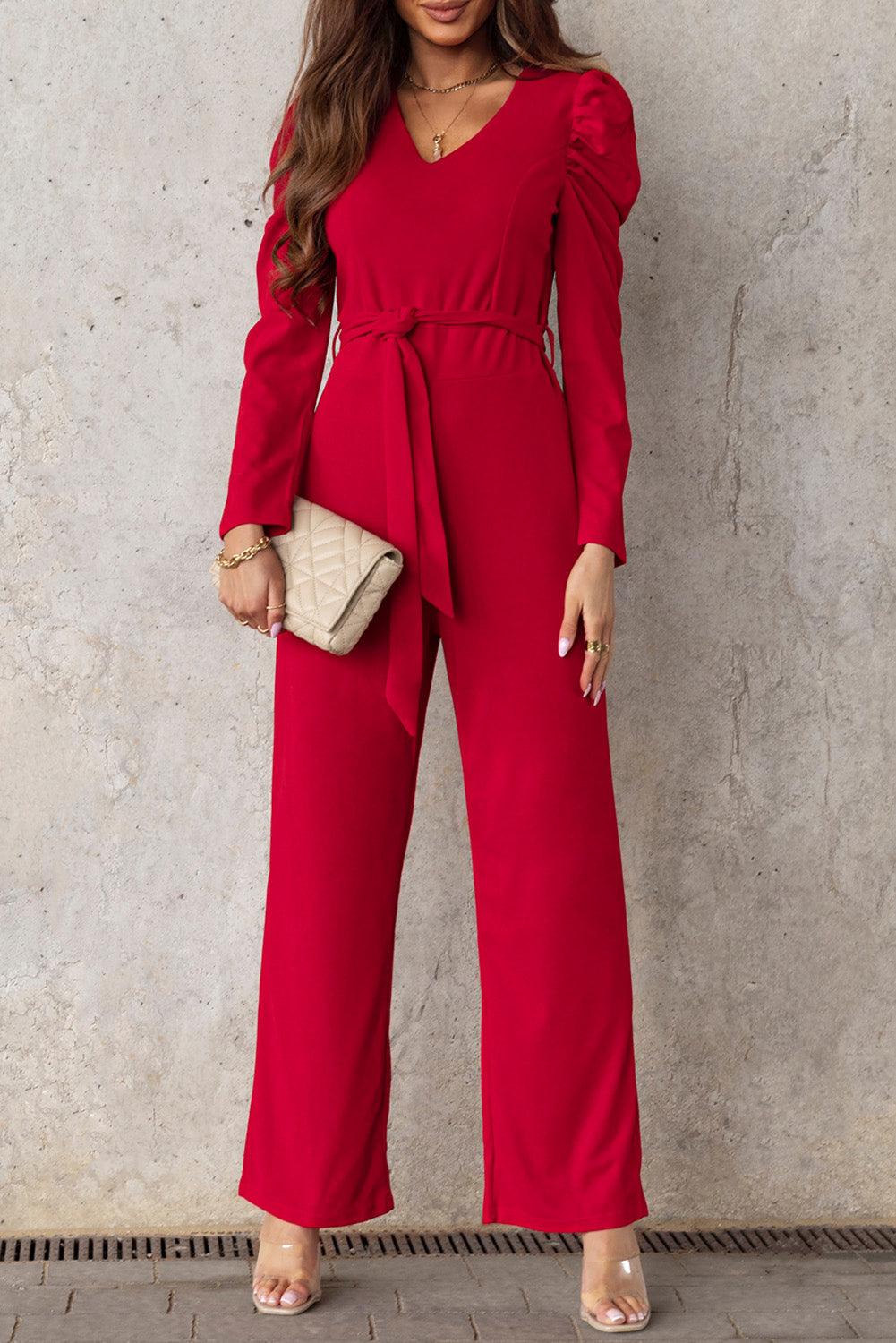 Belted Long Puff Sleeve V-Neck Jumpsuit - BELLATRENDZ