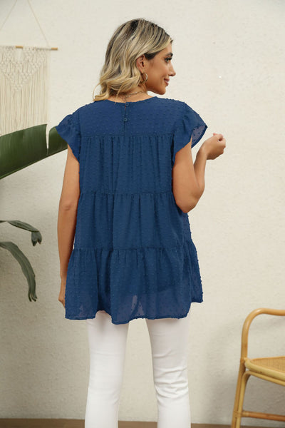 Swiss Dot Round Neck Tiered Blouse