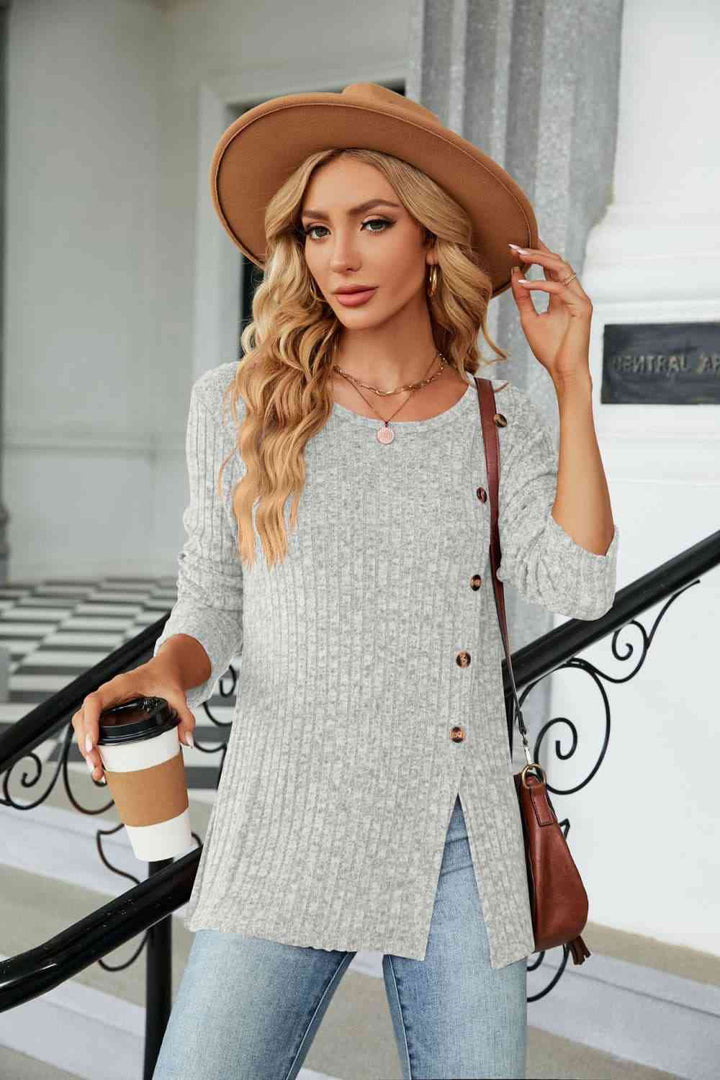 Buttoned Long Sleeve Slit Top