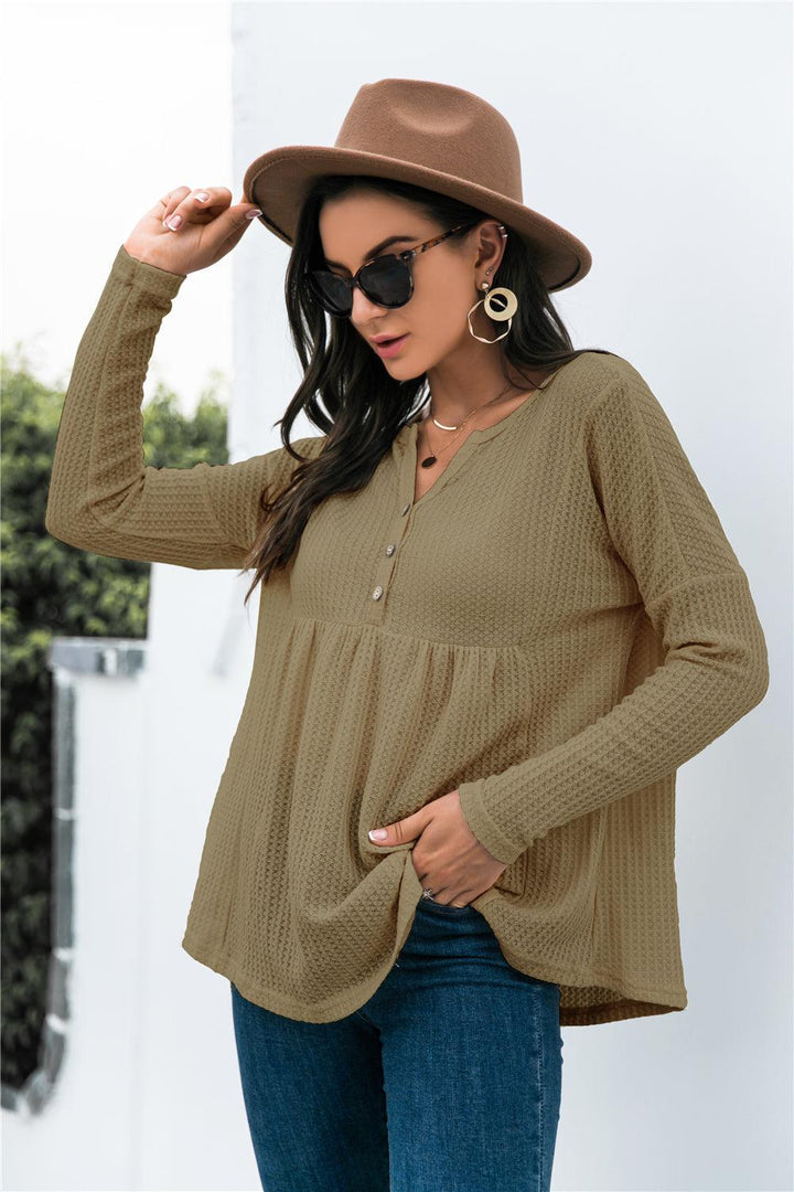 Button Front Waffle Knit Babydoll Top - BELLATRENDZ