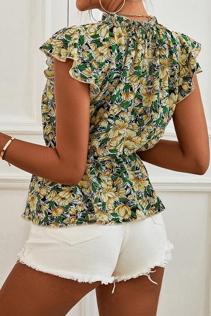 Floral Mock Neck Flutter Sleeve Peplum Top - BELLATRENDZ