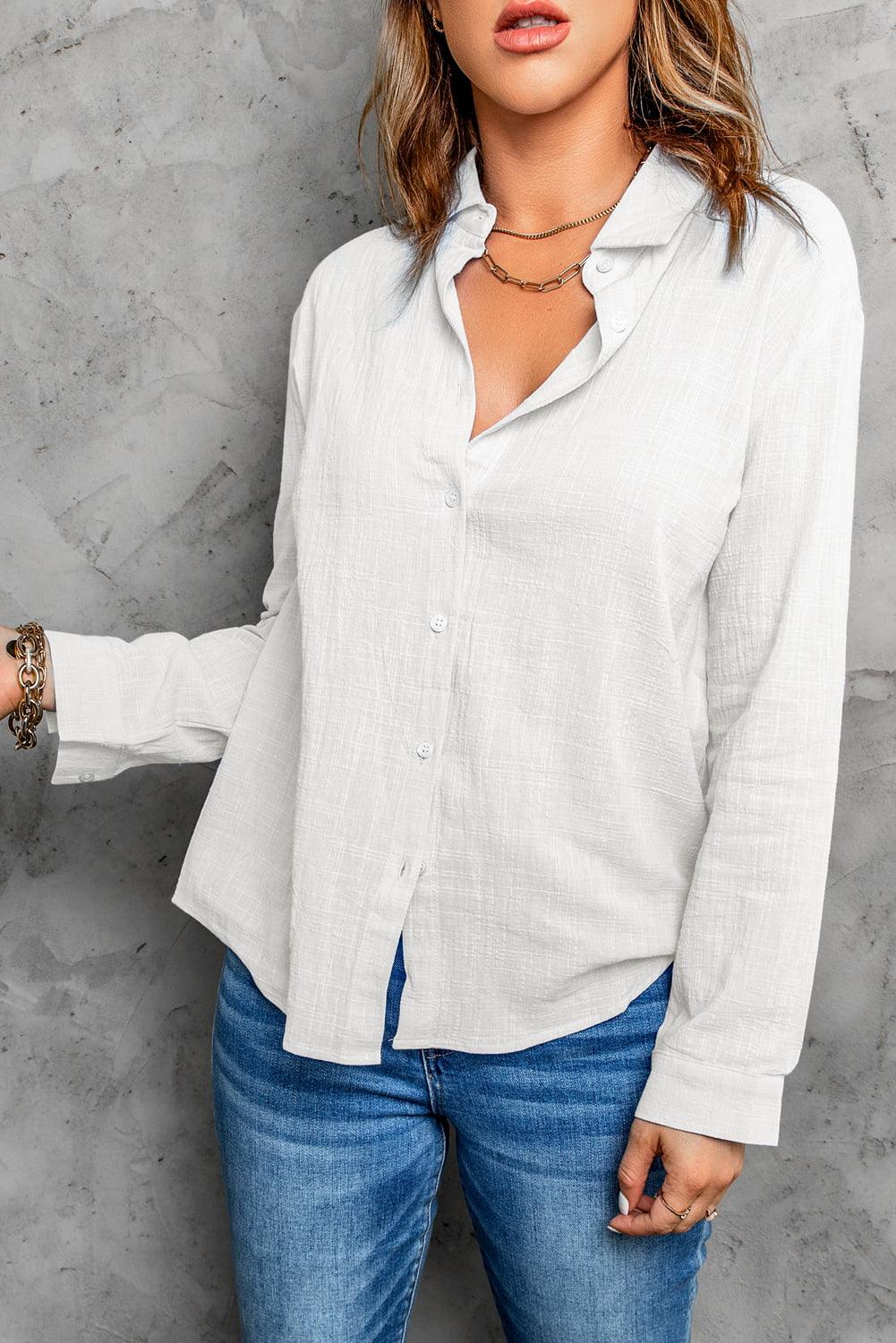 Textured Button Front Curved Hem Shirt - BELLATRENDZ