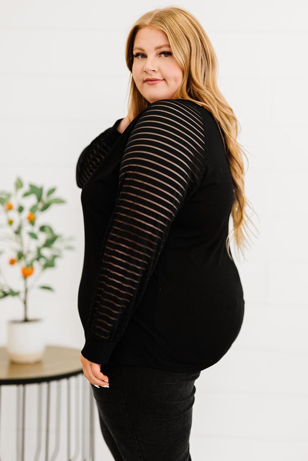 Plus Size Sheer Striped Sleeve V-Neck Top - BELLATRENDZ