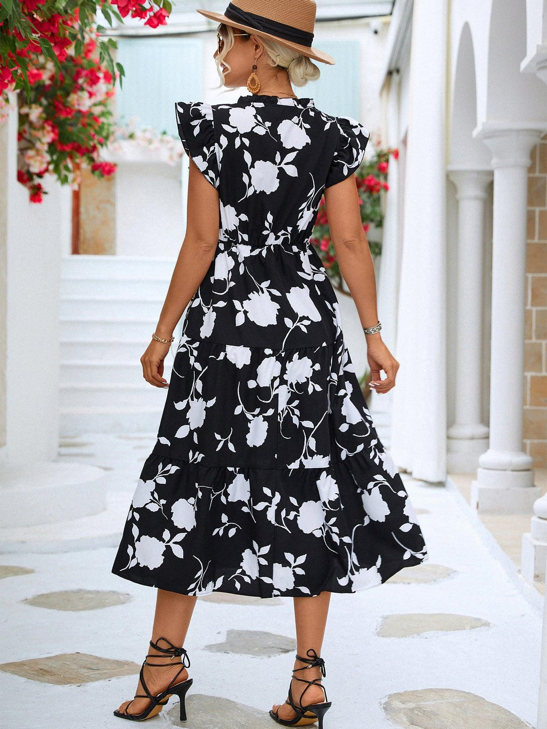 Floral Frill Trim V-Neck Tiered Midi Dress - BELLATRENDZ