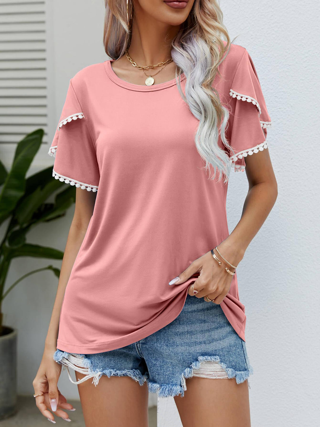 Pom-Pom Trim Flutter Sleeve Round Neck Tee - BELLATRENDZ