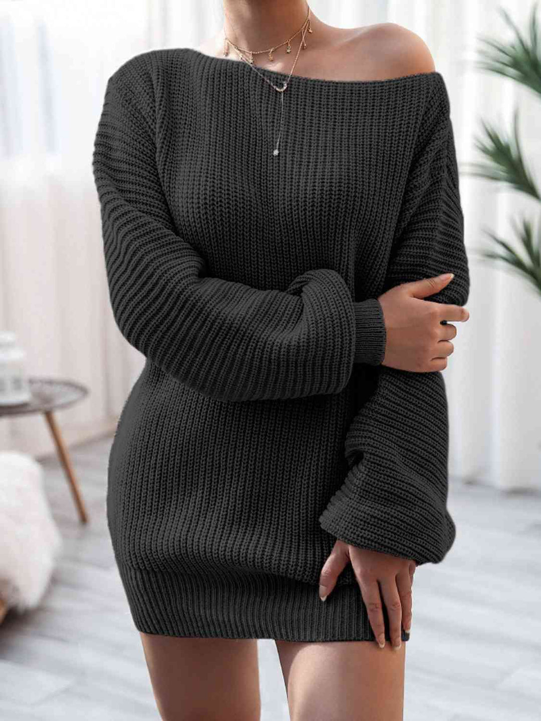 Rib-Knit Mini Sweater Dress