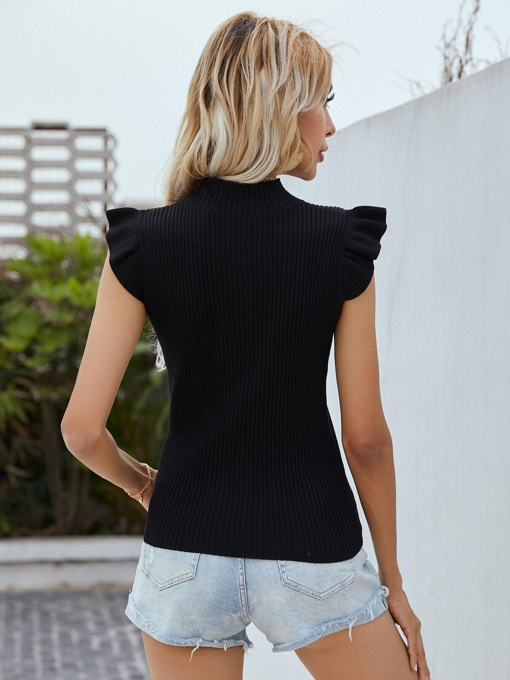 Flutter Sleeve Mock Neck Ribbed Top - BELLATRENDZ