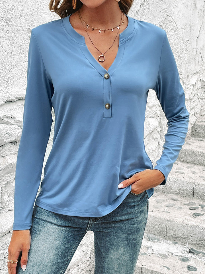 Buttoned Notched Neck Long Sleeve Top