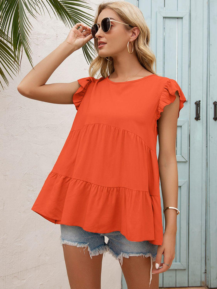 Round Neck Flutter Sleeve Tiered Blouse - BELLATRENDZ