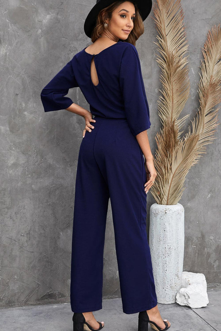 Belted Three-Quarter Sleeve Jumpsuit - BELLATRENDZ