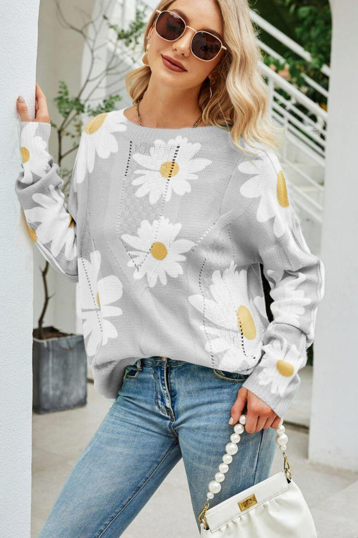 Daisy Print Openwork Round Neck Sweater - BELLATRENDZ