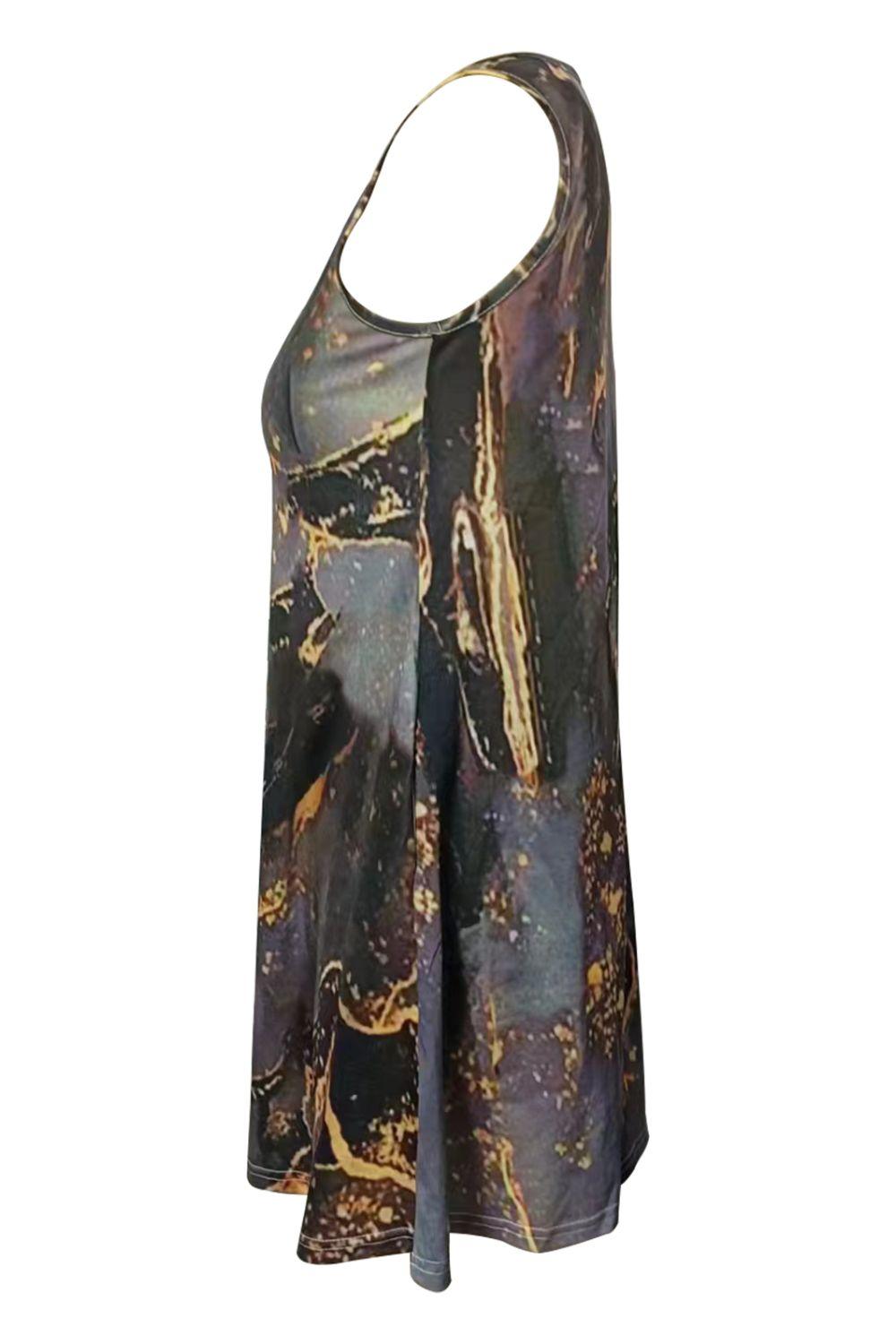 Abstract Print Round Neck Sleeveless Dress with Pockets - BELLATRENDZ