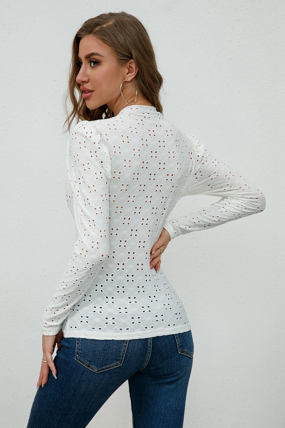 Round Neck Eyelet Long Sleeeve Blouse