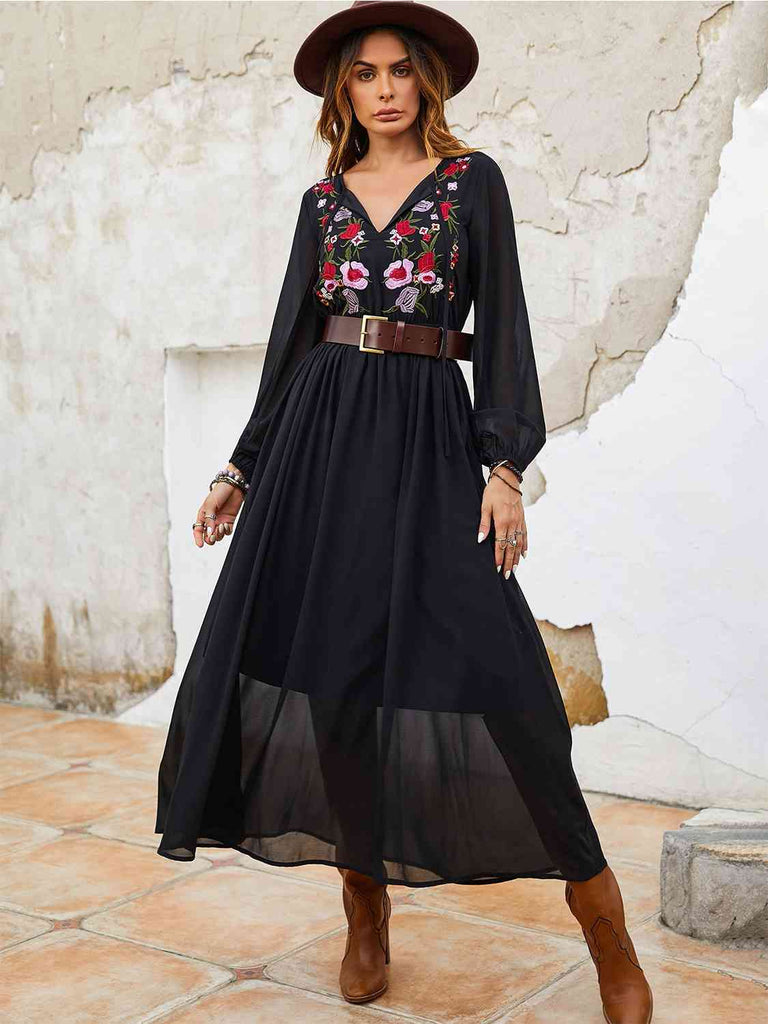 Flower Tie Neck Balloon Sleeve Dress