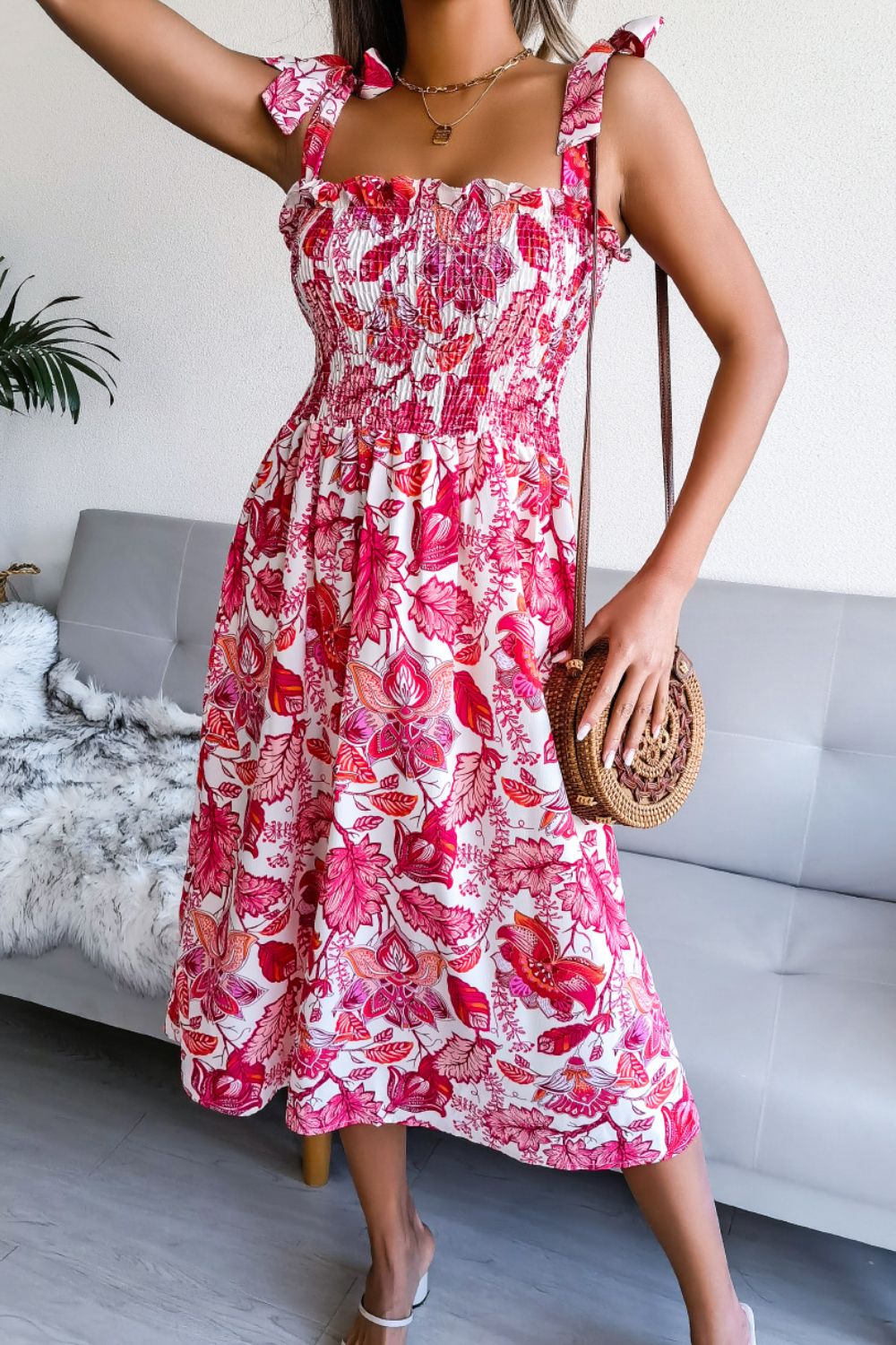 Floral Tie Shoulder Smocked Midi Dress