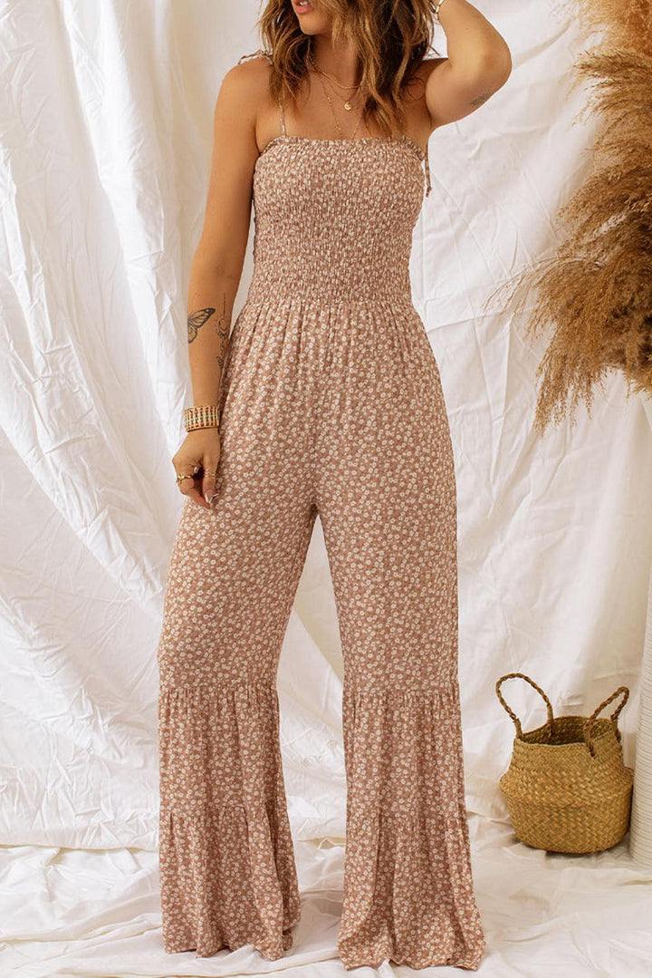 Floral Spaghetti Strap Smocked Wide Leg Jumpsuit - BELLATRENDZ