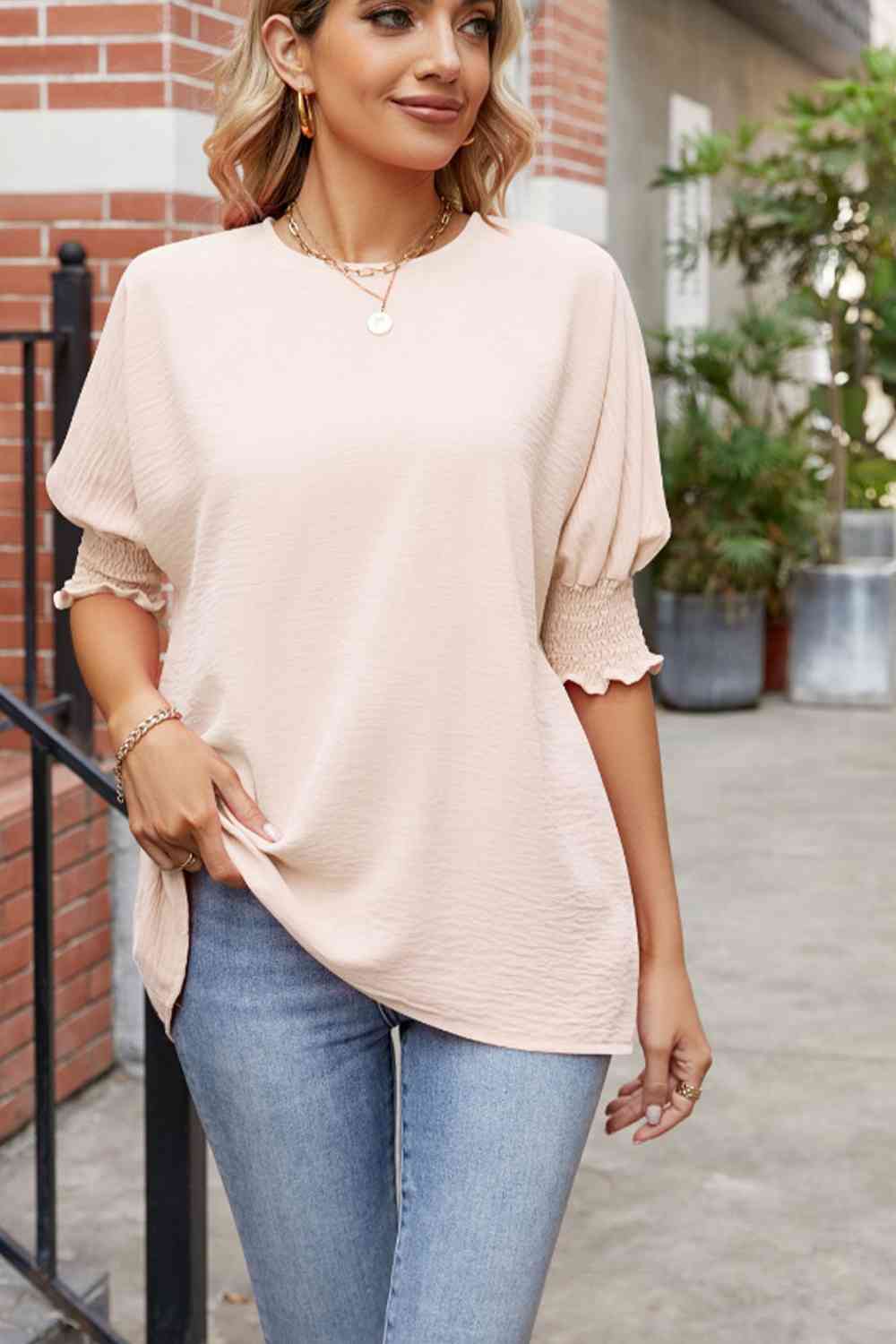 Round Neck Smocked Lantern Sleeve Blouse