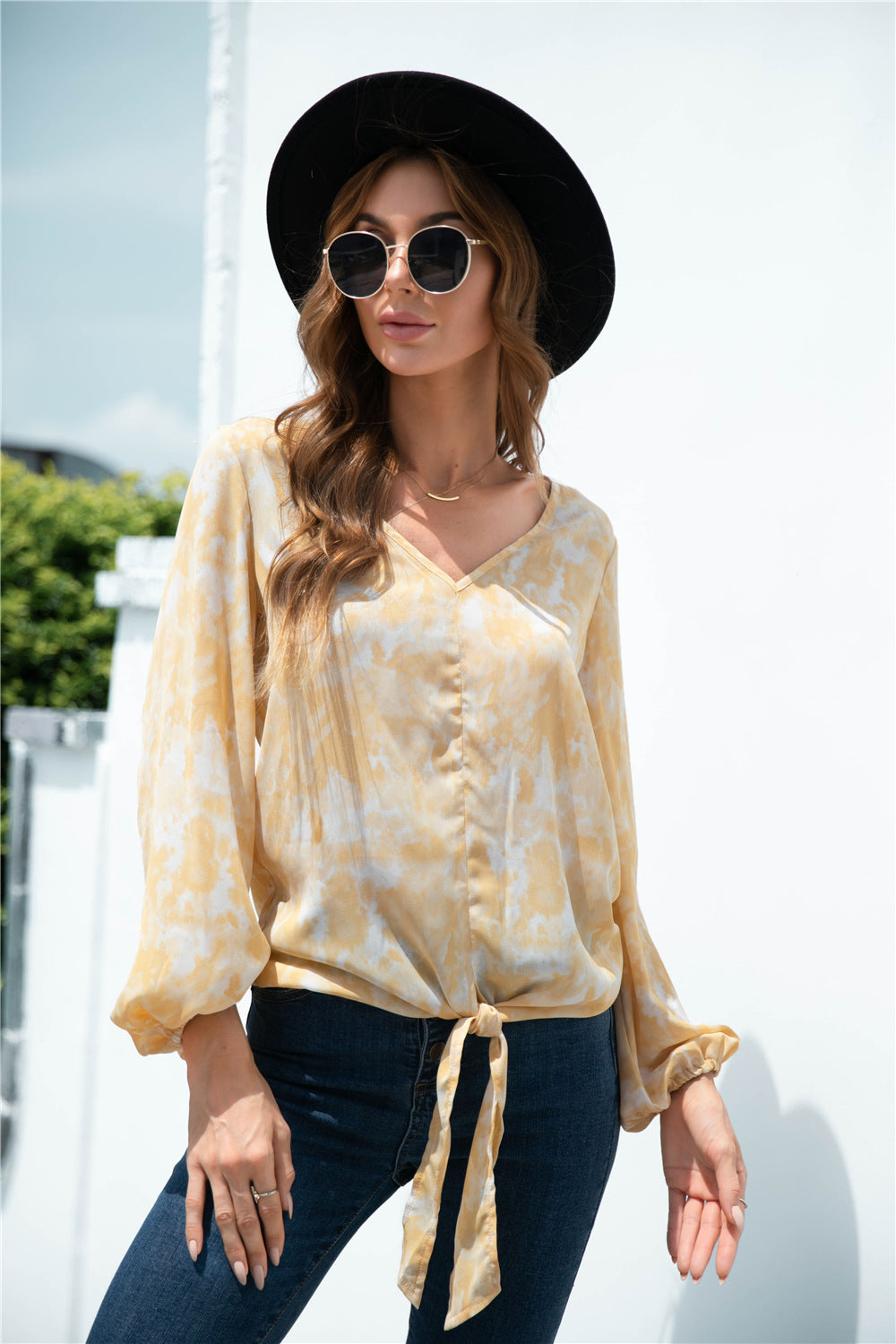 Tie-Dye Tied Balloon Sleeve Blouse