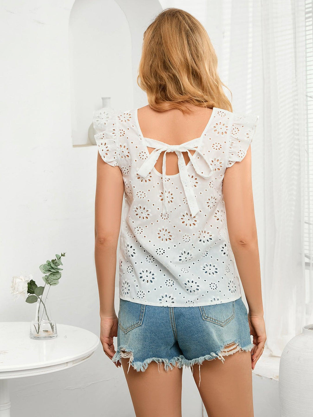 Tie Back V-Neck Eyelet Top - BELLATRENDZ