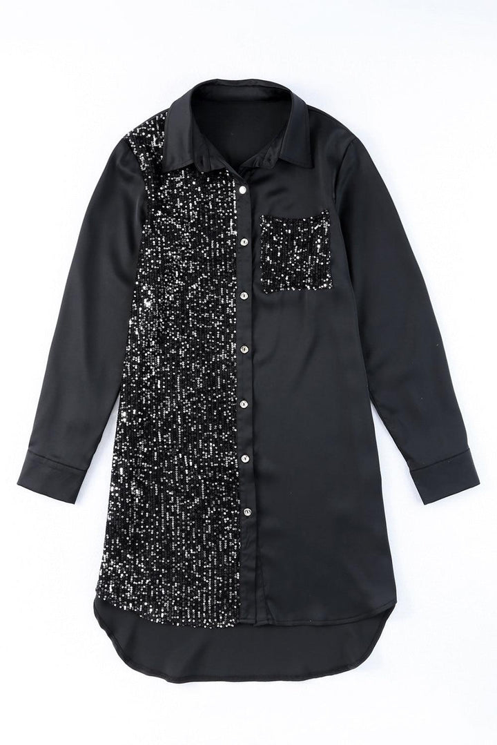 Sequin Button Front High-Low Shirt Dress - BELLATRENDZ