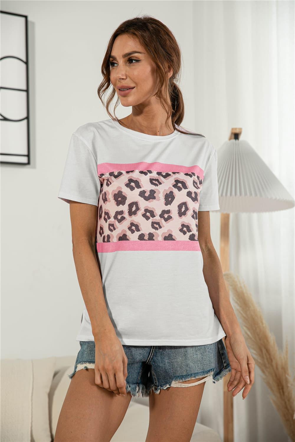 Leopard Color Block Side Slit Tee - BELLATRENDZ