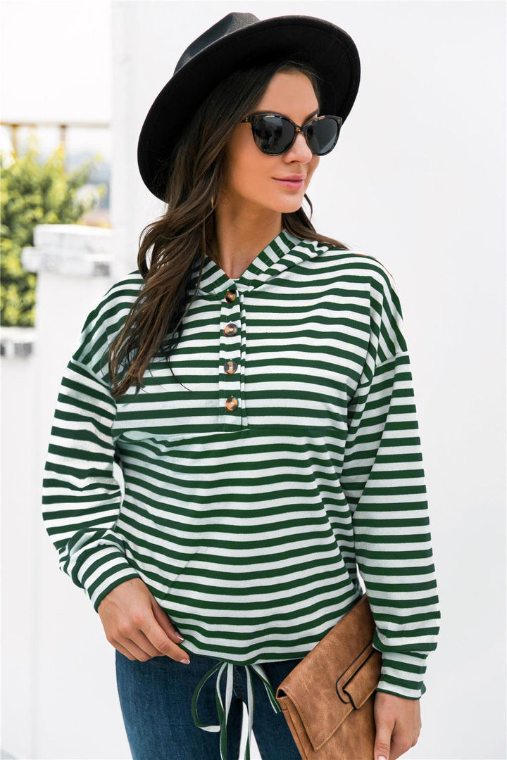 Striped Half-Button Dropped Shoulder Hoodie - BELLATRENDZ