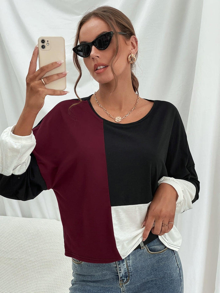 Three-Tone Color Block Dropped Shoulder Long Sleeve Tee - BELLATRENDZ