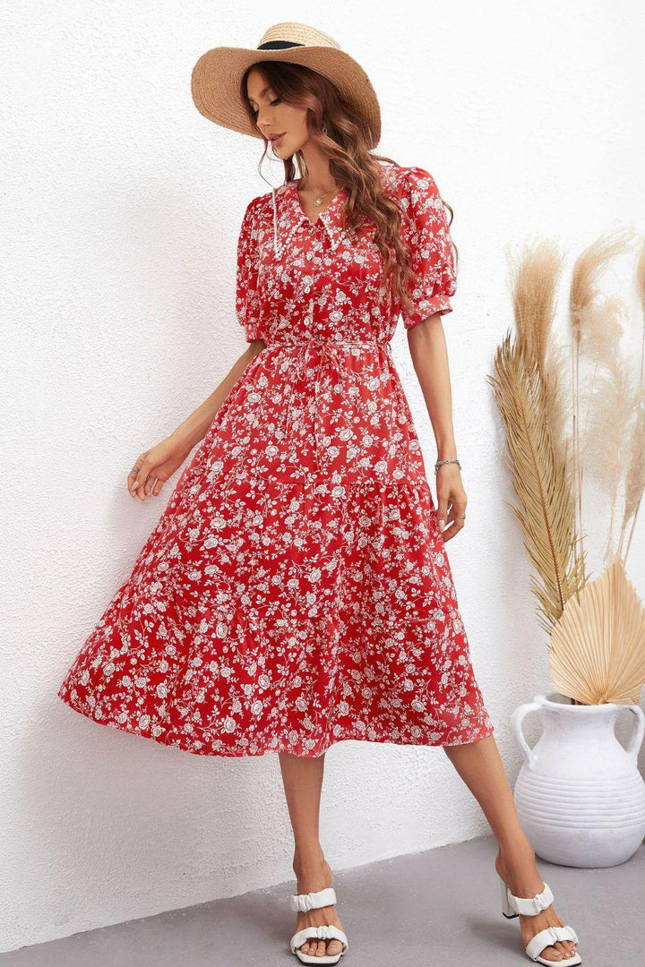 Floral Tie Waist Puff Sleeve Midi Dress - BELLATRENDZ