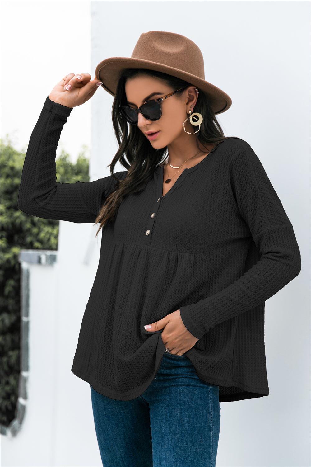 Button Front Waffle Knit Babydoll Top - BELLATRENDZ