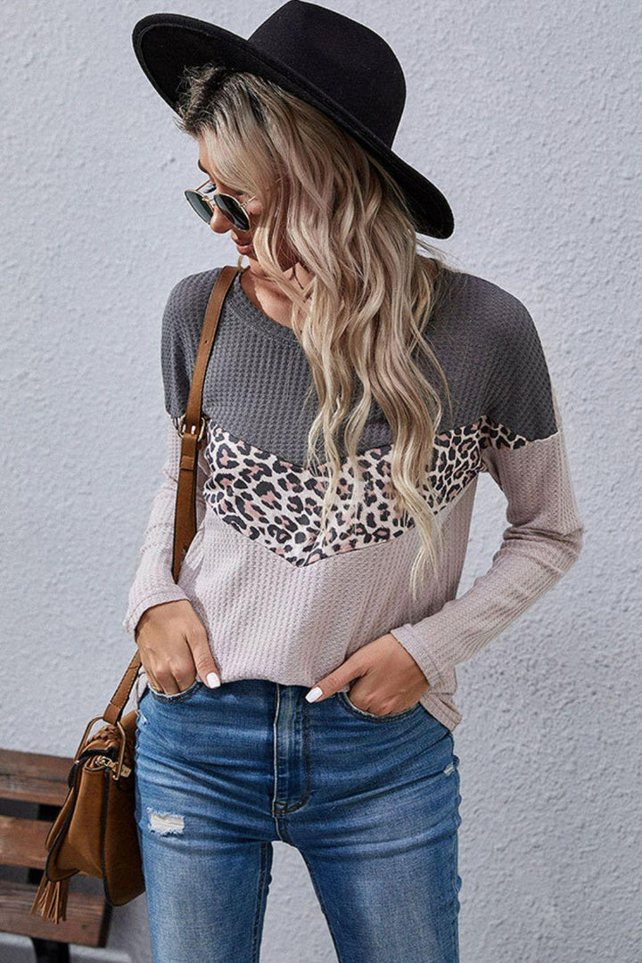 Leopard Color Block Waffle-Knit Long Sleeve Top - BELLATRENDZ