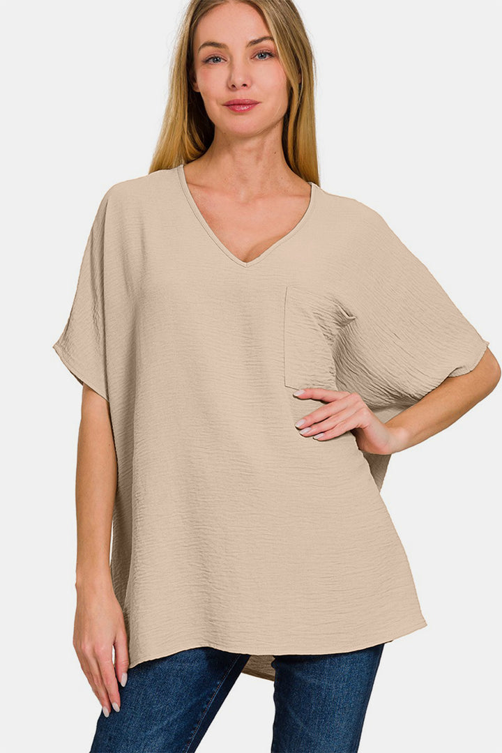 Zenana Full Size Texture V-Neck Short Sleeve Top