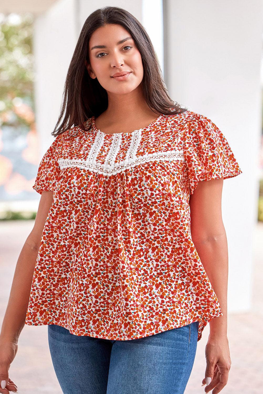 Plus Size Floral Lace Trim Round Neck Blouse - BELLATRENDZ