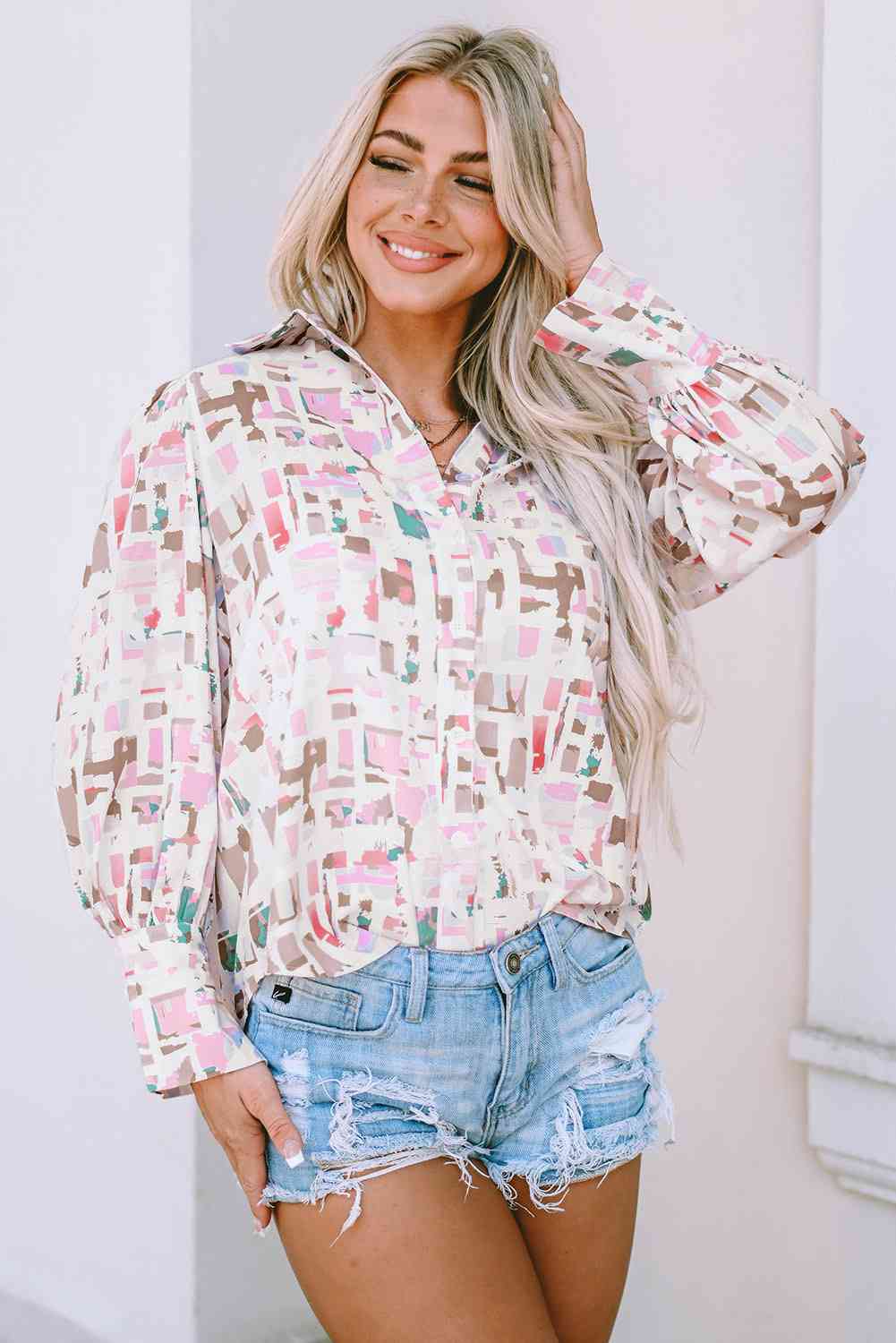 Printed Collared Neck Long Sleeve Shirt