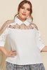 Plus Size Embroidered Ruffle Trim Collared Half Sleeve Blouse