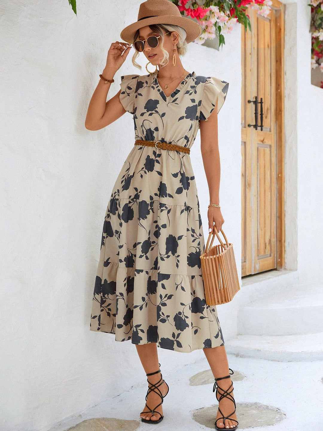 Floral Frill Trim V-Neck Tiered Midi Dress - BELLATRENDZ