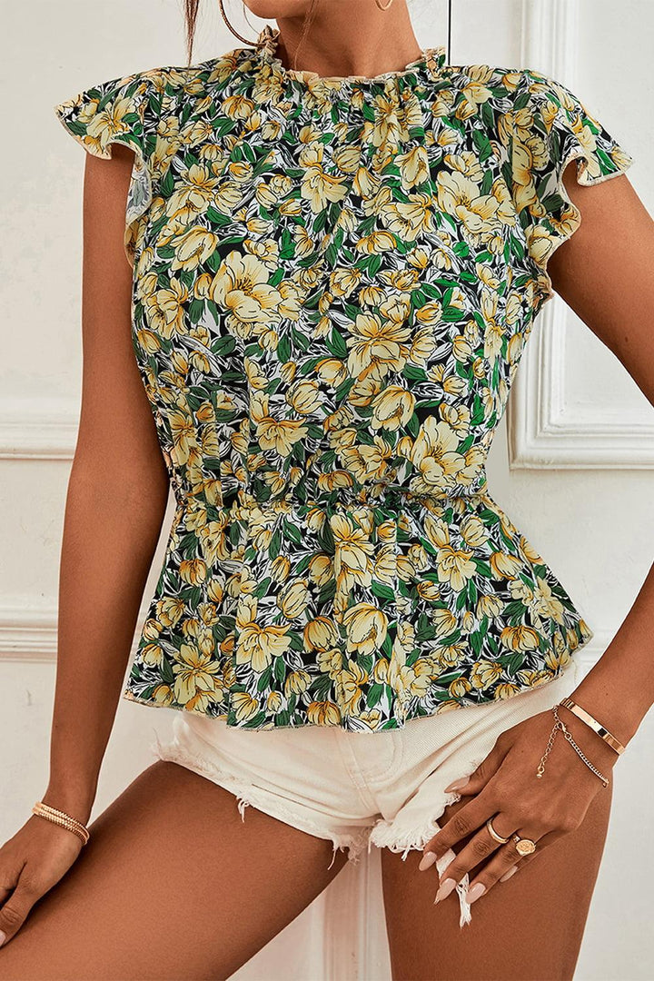 Floral Mock Neck Flutter Sleeve Peplum Top - BELLATRENDZ