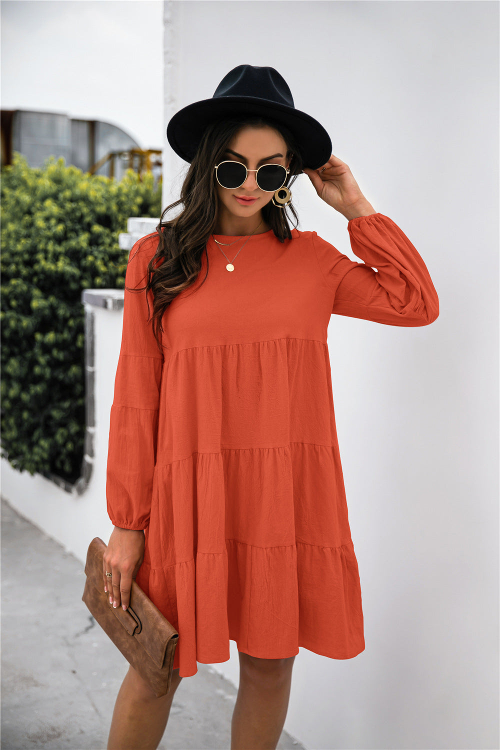 Balloon Sleeve Keyhole Tiered Dress