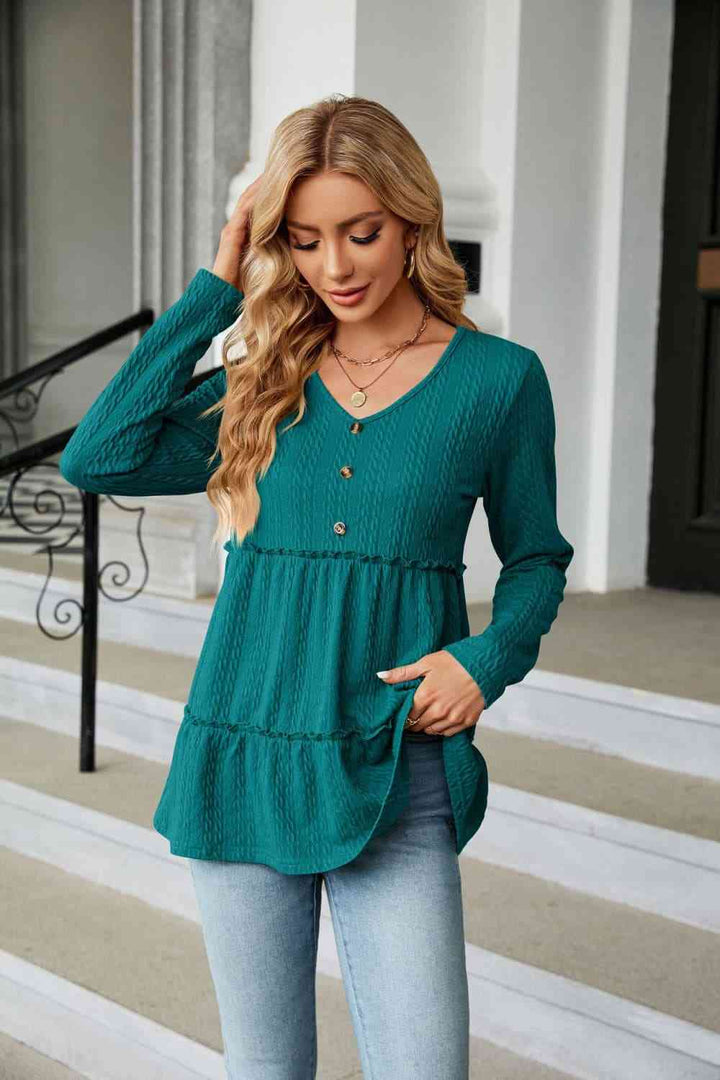 Long Sleeve V-Neck Cable-Knit Blouse